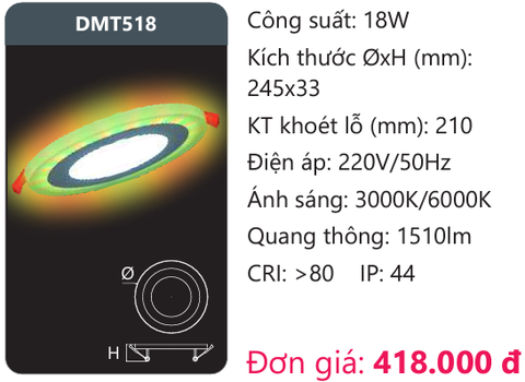  ĐÈN LED ÂM TRẦN 18W ĐỔI MÀU DUHAL DMT518 