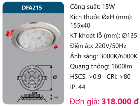  ĐÈN LED ÂM TRẦN CHIẾU ĐIỂM DUHAL 15W DFA215 