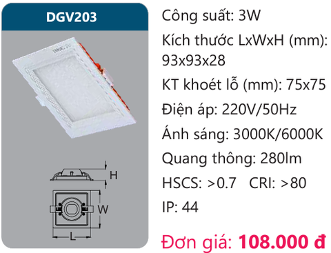  ĐÈN LED PANEL ÂM TRẦN 3W DUHAL DGV203 