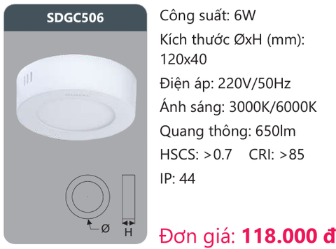  ĐÈN LED ỐP TRẦN DUHAL 6W SDGC506 