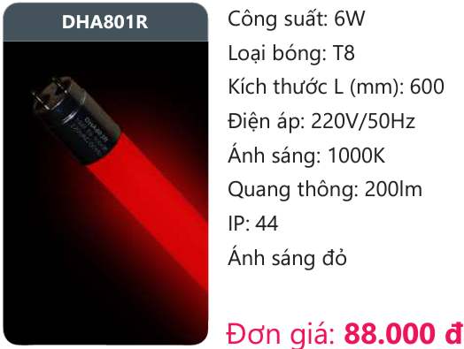 BÓNG ĐÈN TUÝP LED DUHAL MÀU ĐỎ DHA801R