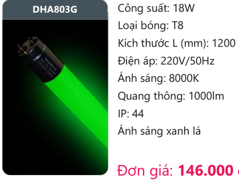  BÓNG ĐÈN TUÝP LED DUHAL MÀU XANH LÁ DHA803G 