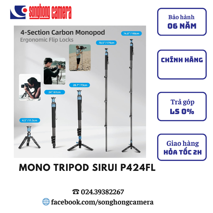 Chân đơn Monopod Sirui P-424 FL Carbon (không kèm củ) - Chính hãng