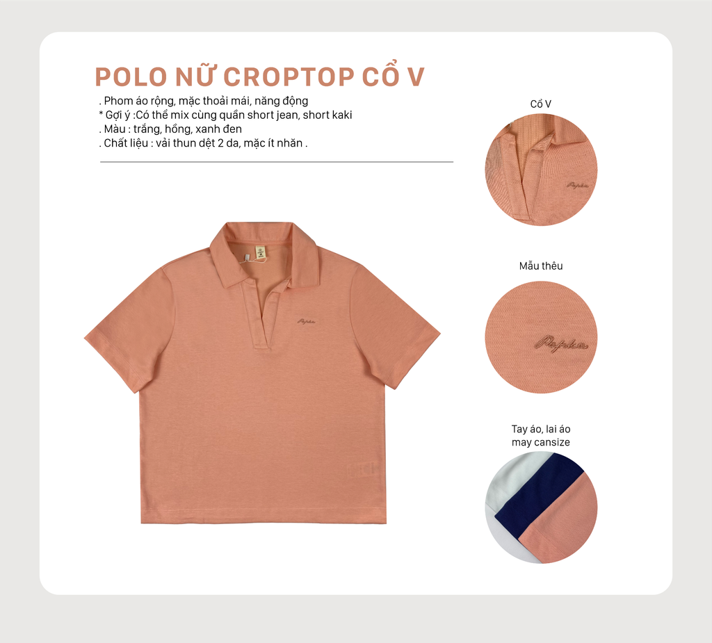 Áo polo nữ Papka croptop 3052 cổ V hồng