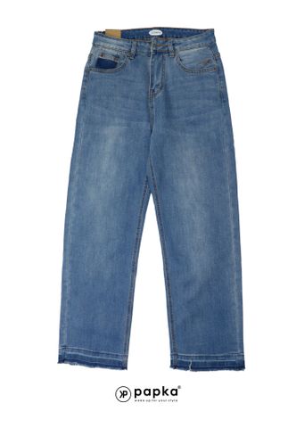 Quần jeans nữ Papka 4054 ống suông tua lai xanh nhạt