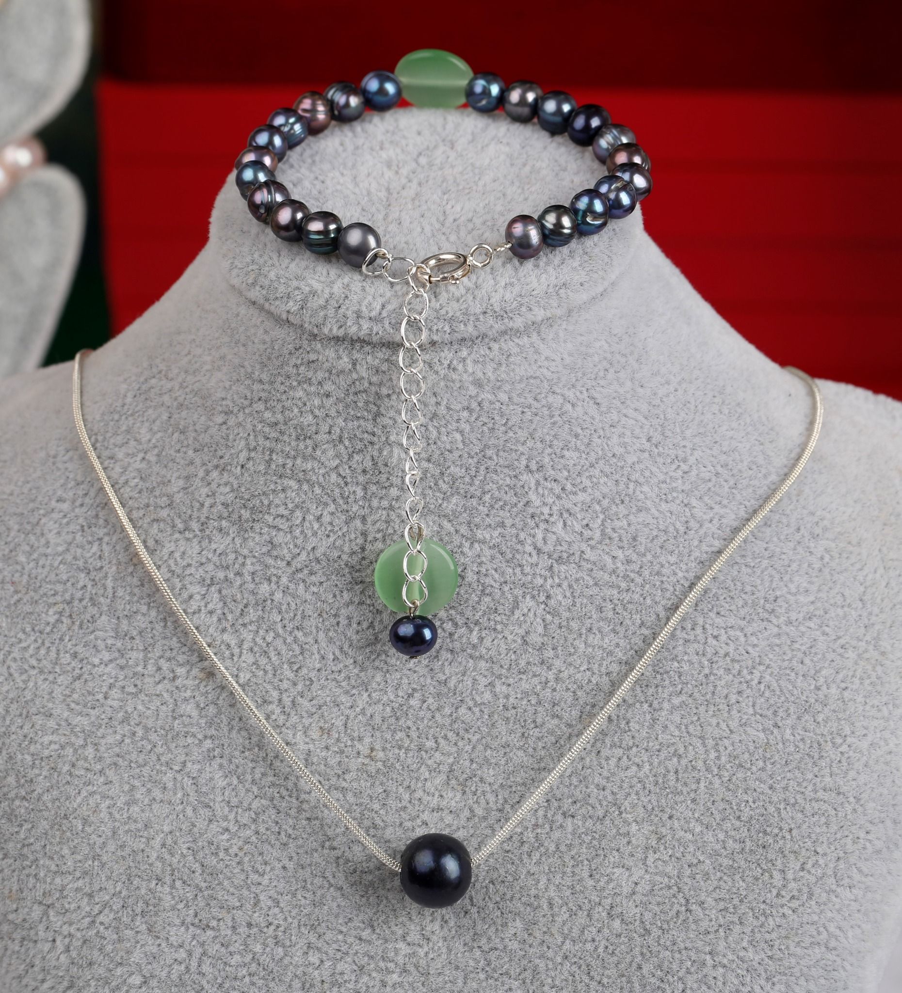  Dây chuyền bạc và Vòng tay Ngọc trai đen ánh xanh kết hợp đá Charm thương hiệu Opal 