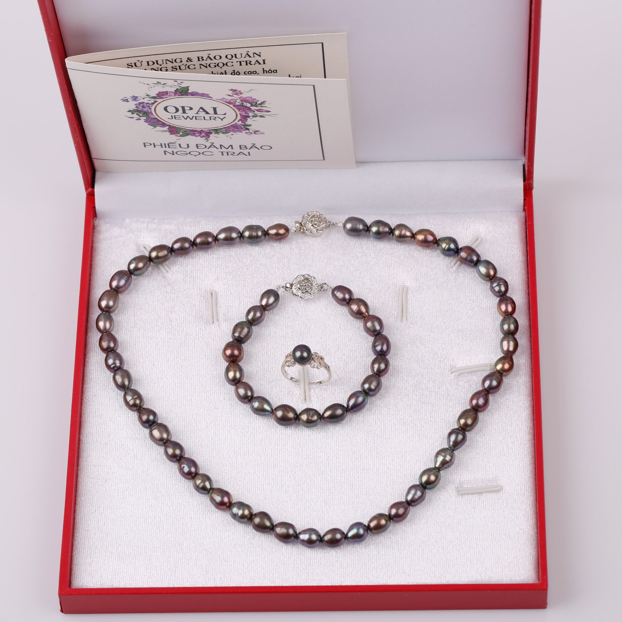 Bộ trang sức Vòng cổ-Vòng tay-Nhẫn Ngọc trai đen Oval  sang trọng, tinh tế thương hiệu Opal 