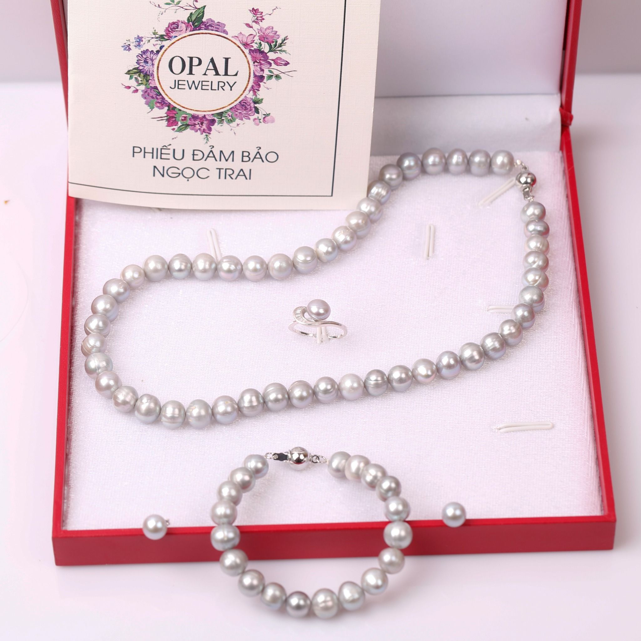  Bộ trang sức Vòng cổ - Vòng tay - Nhẫn - Hoa tai Ngọc trai xám thương hiệu Opal 