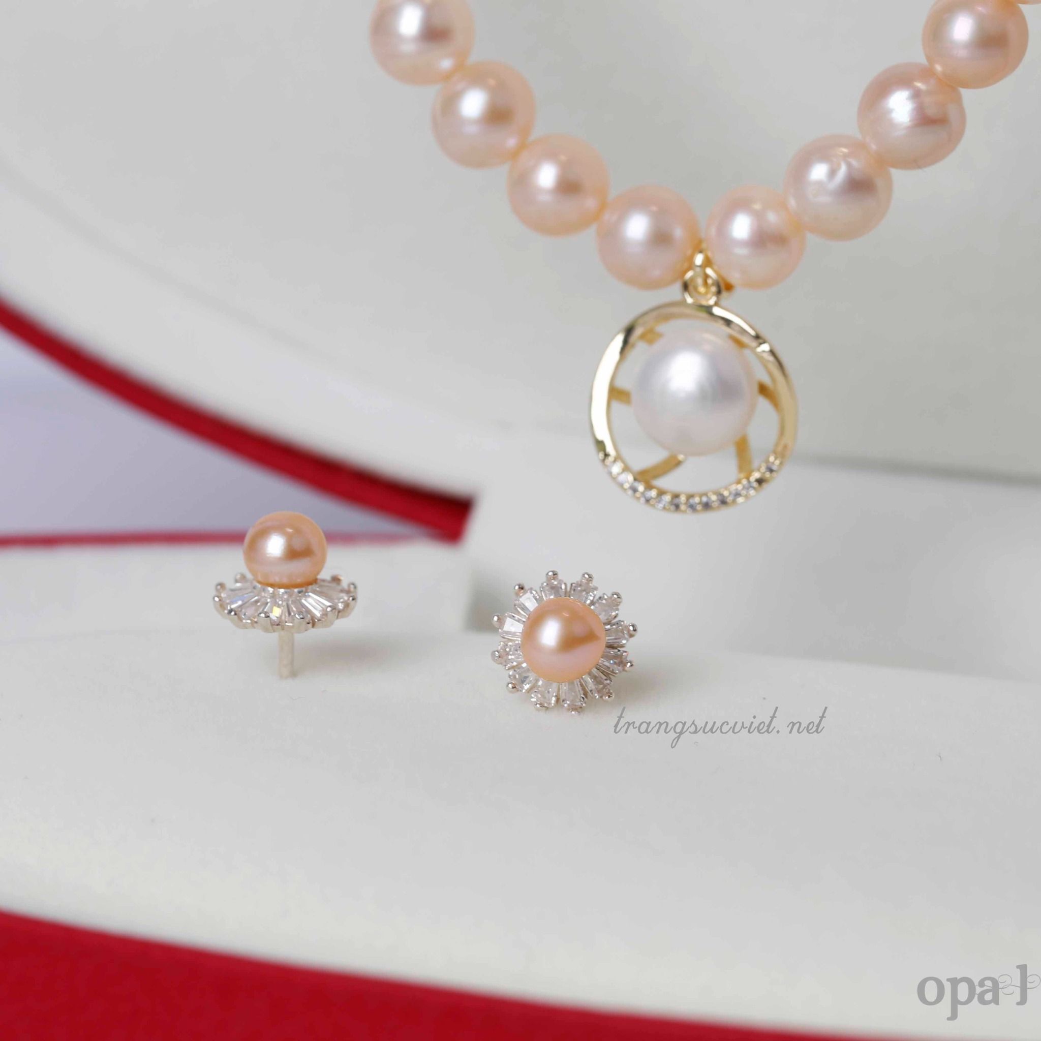  Hoa tai ngọc trai ánh hồng đính đá 