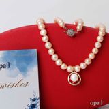  Vòng cổ ngọc trai ánh hồng 8,9 ly + hoa tai ngọc đính đá 