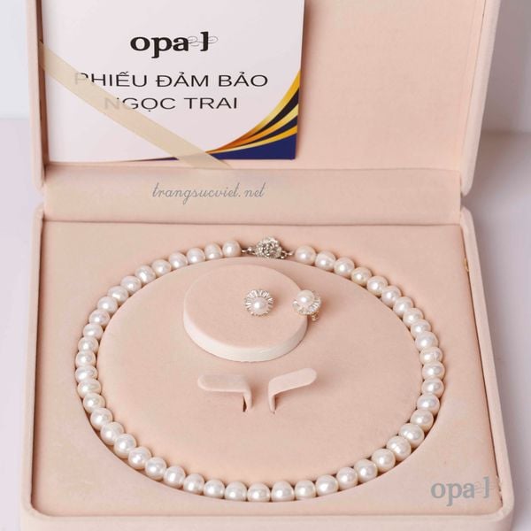  Vòng cổ ngọc trai trắng 8,9ly+ hoa tai đá đính ngọc 