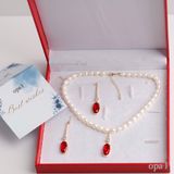  BỘ TRANG SỨC NGỌC TRAI ĐÍNH ĐÁ ĐỎ MAY MẮN 