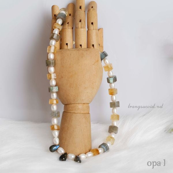  Vòng cổ mix đá Citrine vàng, Labradorite rêu xám và ngọc trai 