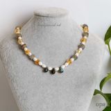  Vòng cổ mix đá Citrine vàng, Labradorite rêu xám và ngọc trai 