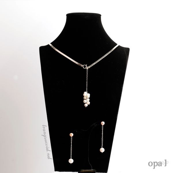  Bộ dây chuyền và hoa tai bạc đính ngọc trai rơi 