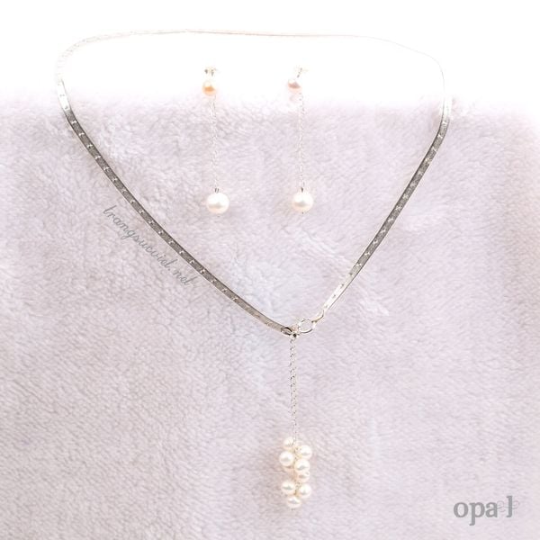  Bộ dây chuyền và hoa tai bạc đính ngọc trai rơi 