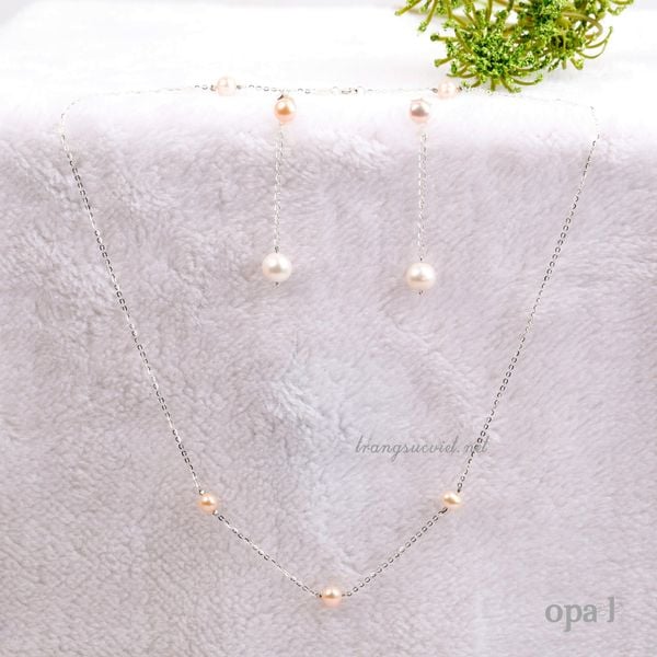  Bộ dây chuyền và hoa tai bạc đính ngọc trai 
