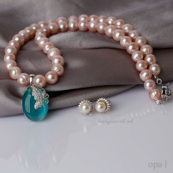  Chuỗi vòng cổ ngọc trai hồng ánh tím mặt đá xanh 