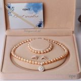  Chuỗi vòng cổ ngọc trai anh hồng 8 ly, mặt đá trắng 