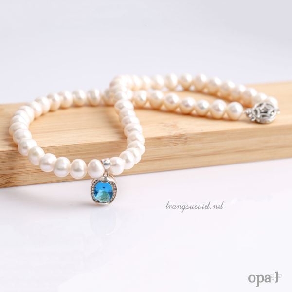  Vòng cổ ngọc trai trắng mặt đá xanh 