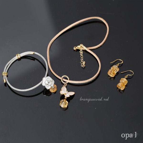  Bộ trang sức handmade, dây da và đá Citrine 