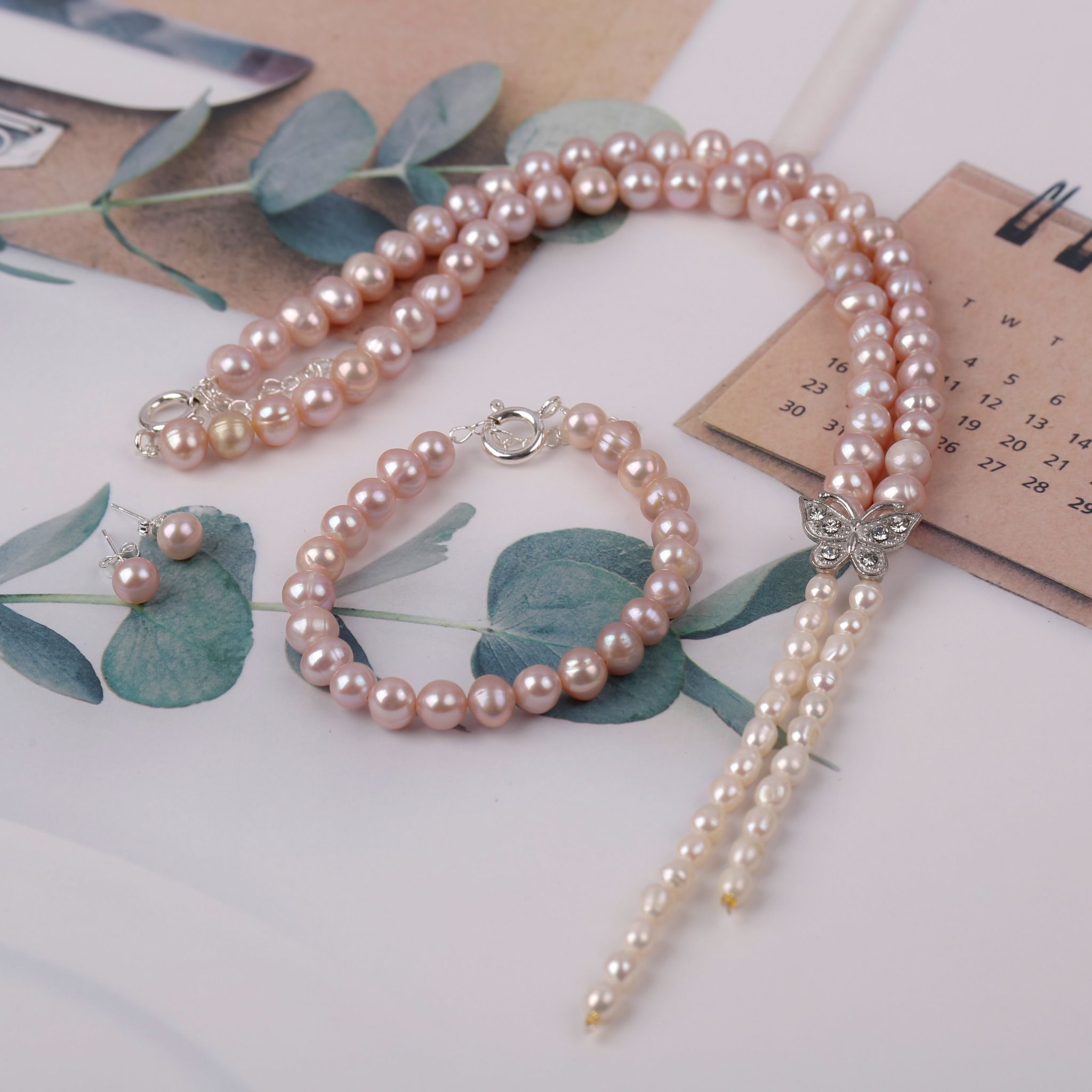 Bộ trang sức Vòng cổ-Vòng tay-Nhẫn-Hoa tai Ngọc trai hồng sang trọng, tinh tế thương hiệu Opal 