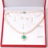  Bộ Trang sức Vòng cổ - Hoa tai Ngọc trai mặt đá xanh thương hiệu Opal 