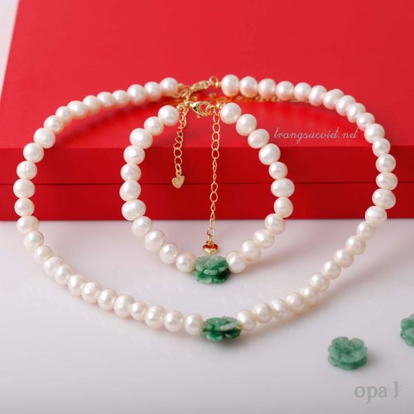  Bộ ngọc trai trắng mặt đá xanh hoa hồng 