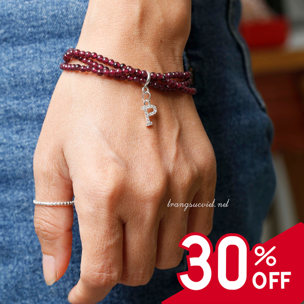  Vòng tay đá GARNET đỏ lựu gắn charm bạc ƯU ĐÃI hấp dẫn 