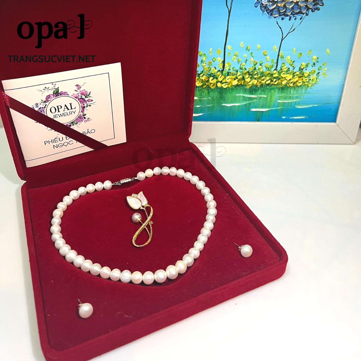  Bộ sản phẩm Vòng cổ - Hoa tai Ngọc trai và Cài áo thương hiệu Opal 