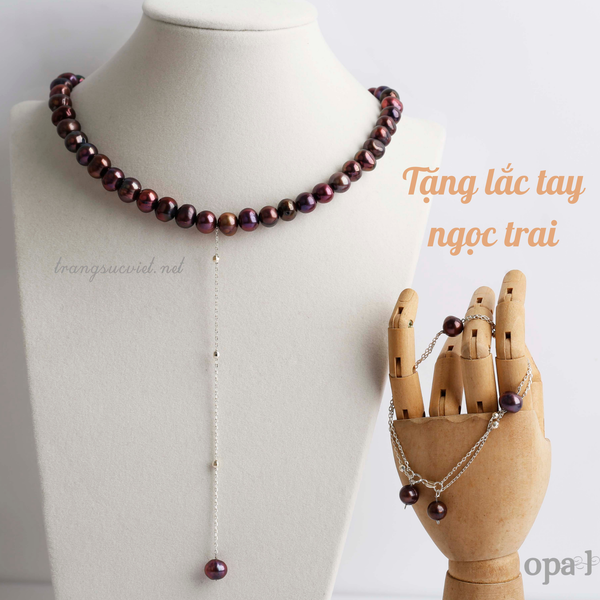  Vòng cổ ngọc trai nâu đỏ 8,9 thiết kế dây rơi cách điệu 