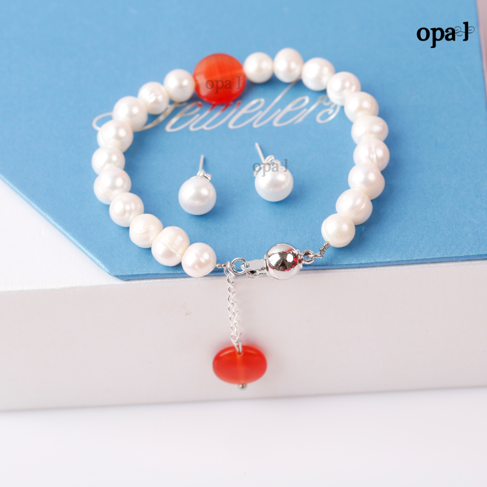  Set vòng tay ngọc trai đính mặt đá phong thủy và hoa tai ngọc trai thương hiệu Opal HT2 