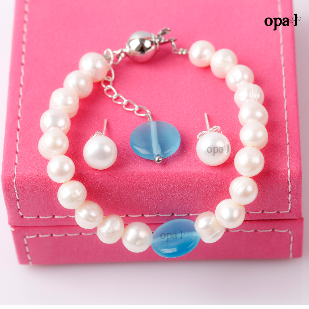  Set vòng tay ngọc trai đính mặt đá phong thủy và hoa tai ngọc trai thương hiệu Opal HT2 