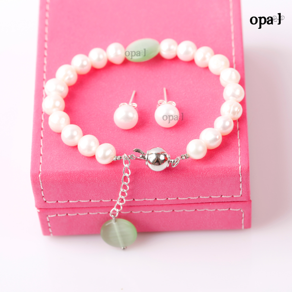  Set vòng tay ngọc trai đính mặt đá phong thủy và hoa tai ngọc trai thương hiệu Opal HT2 