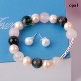  Set vòng tay ngọc  trai xen kẻ đá phong thủy và hoa tai nụ thương hiệu Opal HT2 