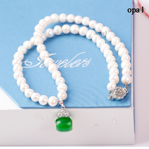  vòng cổ ngọc trai kèm mặt đá xanh lá thương hiệu Opal HT2 