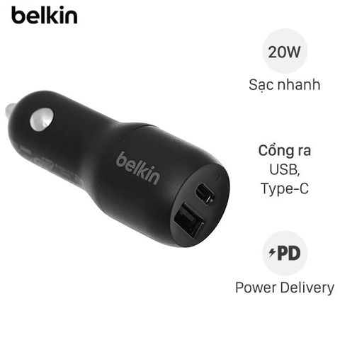 Sạc xe hơi 2 cổng USB 2.4A Type C PD 20W Belkin CCB003 Đen