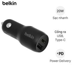  Sạc xe hơi 2 cổng USB 2.4A Type C PD 20W Belkin CCB003 Đen 