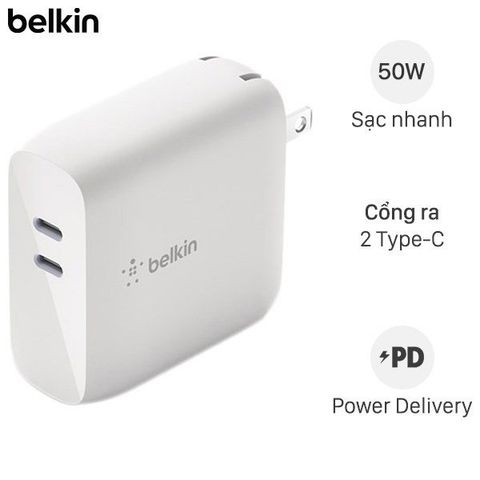 Adapter sạc 2 cổng Type C PD 50W GaN Belkin WCH003