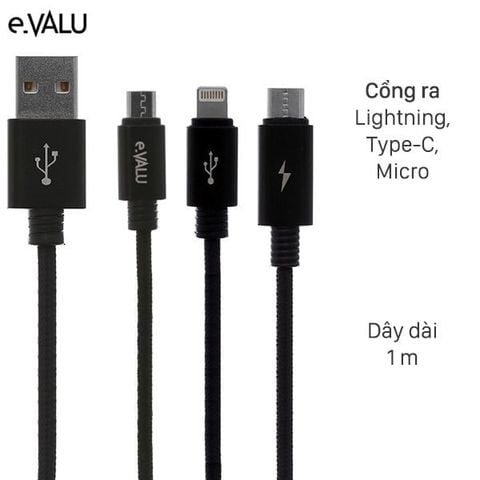 Cáp 3 đầu Lightning Type-C Micro 1 m e.VALU Spanker B Đen