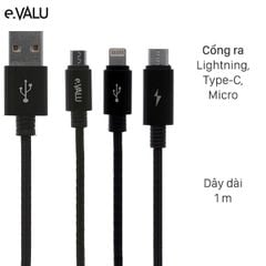  Cáp 3 đầu Lightning Type-C Micro 1 m e.VALU Spanker B Đen 