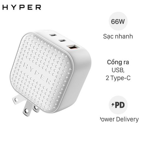 Adapter Sạc 3 cổng USB Type C PD QC3.0 GaN 66W HyperJuice HJ265 Trắng