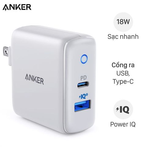 Adapter sạc 2 cổng USB 2.4A Type-C PD 3A Anker PowerPort PD+2 A2626 Trắng