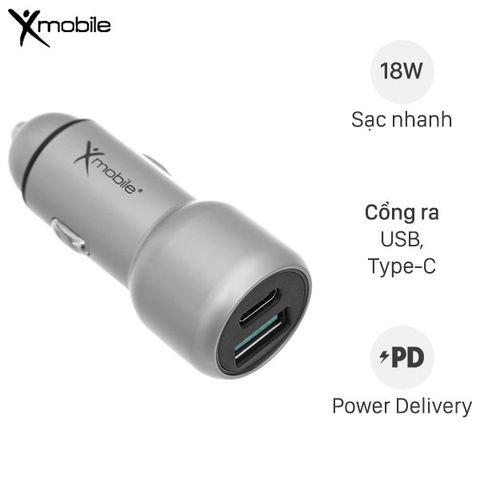 Sạc xe hơi 2 cổng Type C PD 18W QC 3.0 Xmobile SN-454 Bạc