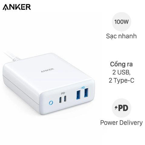 Adapter sạc 4 cổng USB Type C PD 100W Anker PowerPort Atom A2041 Trắng