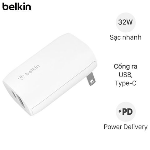 Adapter sạc 2 cổng USB Type C PD 32W Belkin WCB004 Trắng