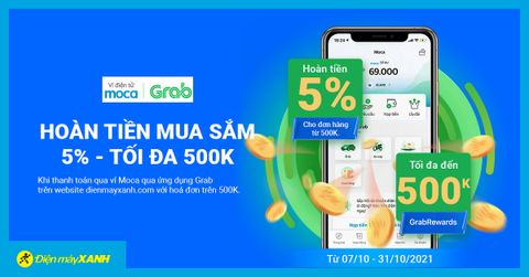 Hoàn tiền 5%, tối đa 500K khi thanh toán hoá đơn qua Ví Moca trên ứng dụng Grab