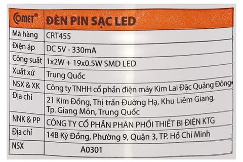Đèn pin sạc Led COMET CRT455 1800mAh