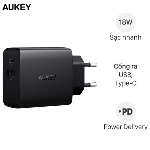 Adapter sạc 2 cổng 3A PD USB Type-C AUKEY PA-Y17 Đen