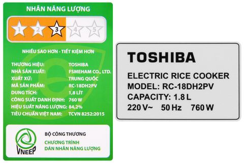 Nồi cơm điện tử Toshiba RC-18DH2PV(W) 1.8L
